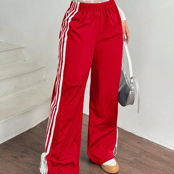 Red Casual Women's Side Contrast Tape Elastic Waist wide Pants - Picture 1 of 6